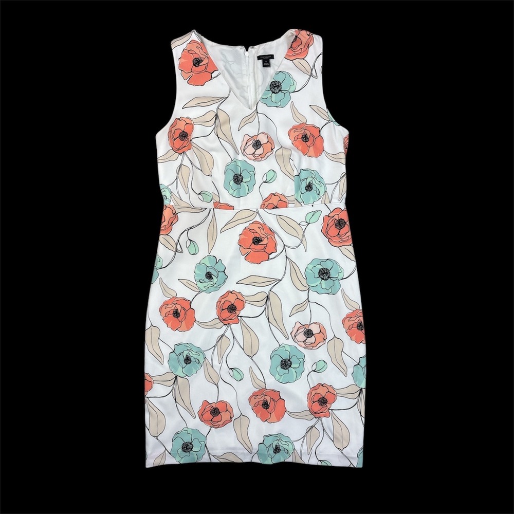 ANN TAYLOR floral sheath dress sleeveless v neck coral aqua‎ black white size 10